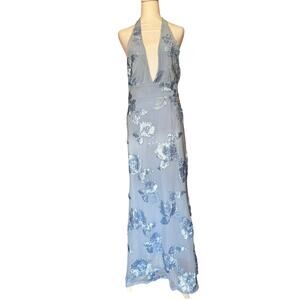 Light Blue floral embroidered halter dress gown size LARGE stretchy form fitting